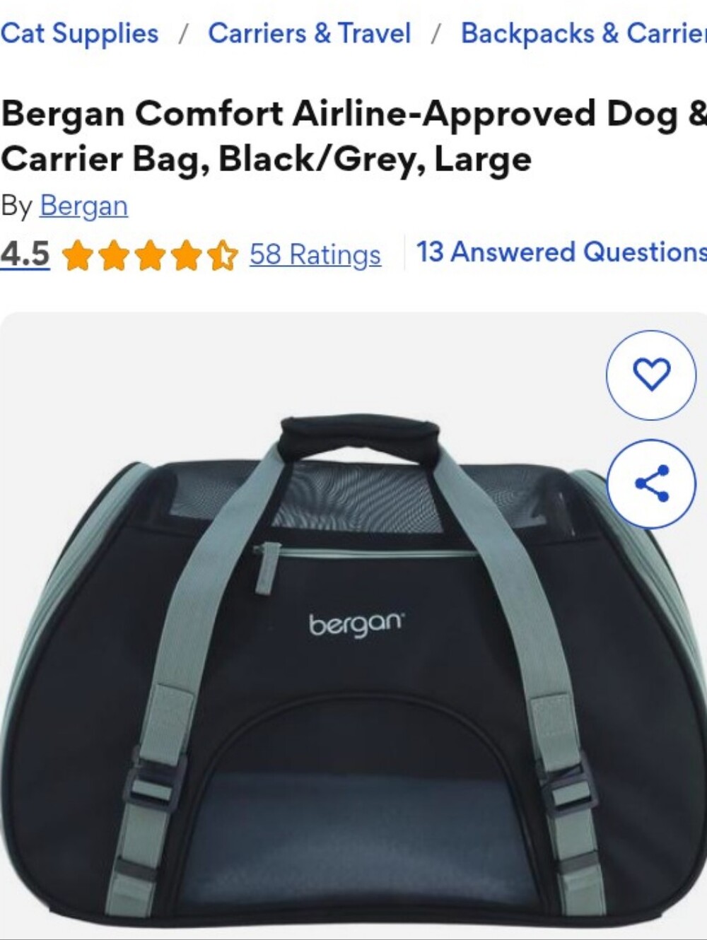Bergan Comfort Airline-Approved Pet Carrier Bag in Black & Gray